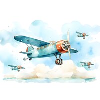 fundal foto cu avioane zburand printre nori pufosi albastri