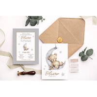 invitatie de botez vintage cu ursulet si luna cu plic kraft si sigiliu invitatie de botez vintage cu ursulet si luna cu plic kraft si sigiliu