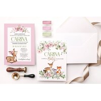 invitatie botez pentru fete cu animalele padurii si flori roz invitatie botez pentru fete cu animalele padurii si flori roz
