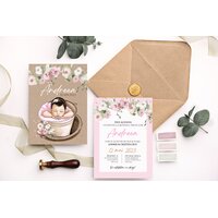 invitatie de botez cu roz si flori delicate si plic kraft invitatie de botez cu roz si flori delicate si plic kraft