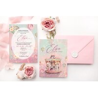 invitatie botez cu carusel si roz cu plic roz invitatie botez cu carusel si roz cu plic roz