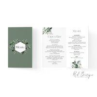 meniu de nunta verde cu elemente geometrice si frunze verzi