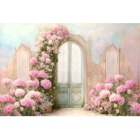 fundal foto cu usa veche cu arc de flori roz pastelate pentru sedinte foto de studio