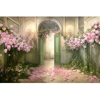 fundal fotografie cu usa intredeschisa de culoare verde pastel si trandafiri roz