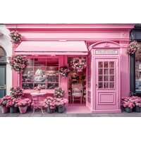 fundal foto cu tema Barbie cu cabina telefonica roz si florarie cu flori roz fundal foto cu tema Barbie cu cabina telefonica roz si florarie cu flori roz