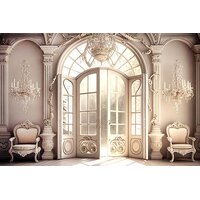 fundal din pvc in culori pastelate crem pentru sedinte de maternity si cuplu cu usa eleganta si mobilier vintage