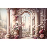 fundal foto cu arcada din piatra si flori cataratoare pentru sedinte de maternity si cuplu