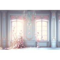 interiorul unei case elegante cu perete albastru deschis si geamuri mari cu draperii roz pastel