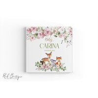 guestbook pentru botez fete cu flori si animale de padure, cerb, vulpe, iepuras