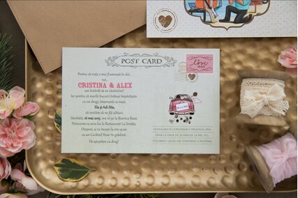 invitatie de nunta carte postala cu poza miri si buline