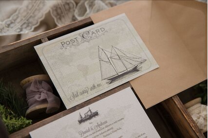 invitatie postcard cu tema calatorii cu vapor pe apa