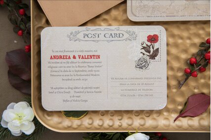 invitatie de nunta vintage postcard cu trandafiri rosii