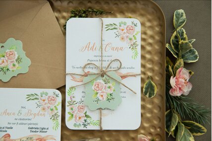invitatie cu flori si frunze vintage in culori pastelate