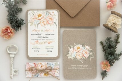 invitatie de nunta vintage cu carton texturat si plic kraft