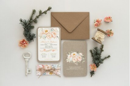 invitatie vintage kraft cu model floral crem si oranj