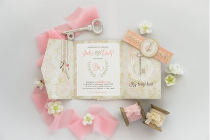invitatie de nunta in forma de plic cu scris in interior si trandafiri