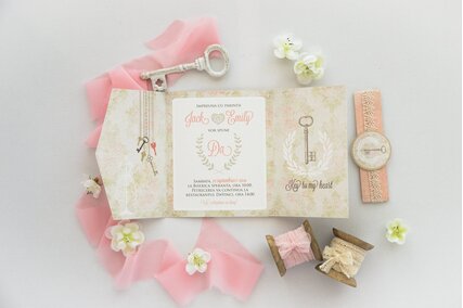 invitatie cu trandafiri si cheie cu forma deosebita crem vintage
