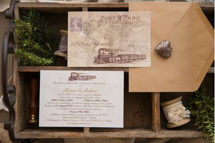 invitatie de nunta cu tema travel cu tren si plic kraft