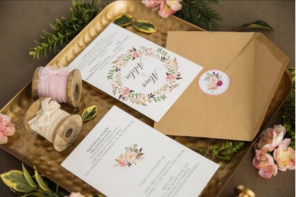 invitatie de nunta cu coronita de flori colorate si plic cu autocolant cu flori