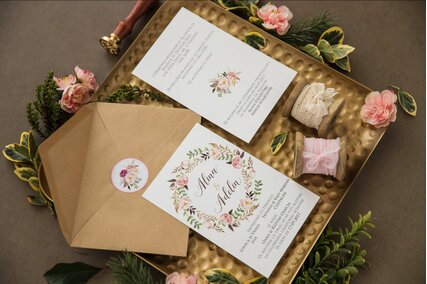 invitatie  cu coronita de flori si verdeata