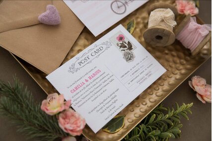 invitatie de nunta postcard cu detaliu dungi roz cu bicicleta