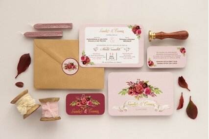 Invitatie de nunta Marsala Flowers cu flori bujori rosii visinii in stil vintage detalii accesorii invitatii nunta