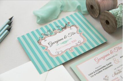 invitatie de nunta si botez de culoare mint cu dungi