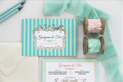 invitatie postcard turquoise cu dungi albe