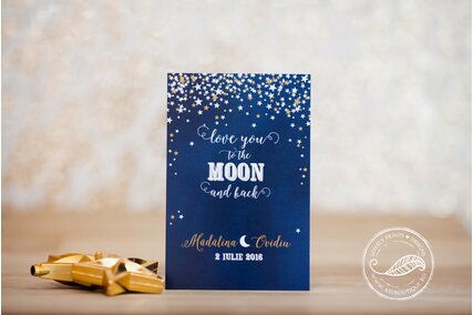 invitatie de nunta cu luna si stele albe si aurii