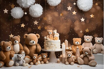 panou foto pentru sedinte aniversare sau pentru sedinte foto cake smash cu ursuleti maro de plus si tort decorativ