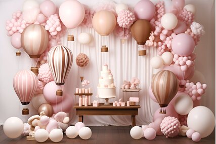 fundal pentru poze de botez sau pentru sedinte foto aniversare cu ghirlanda de baloane roz si tort