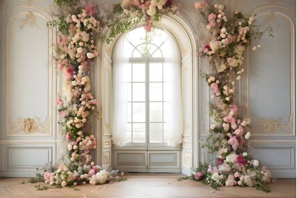 fundal foto de primavara cu arcada de flori in fata unei ferestre decorative luminate