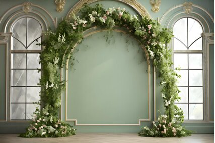 fundal foto cu perete verde si ferestre mari albe cu arcada de verdeata si flori albe pentru sedinte foto de primavara