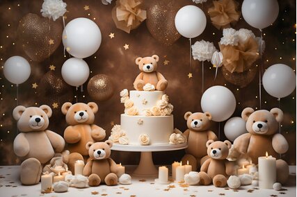 panou foto pentru sedinte aniversare sau pentru sedinte foto cake smash cu ursuleti maro de plus si tort decorativ