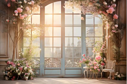 fundal foto cu fereastra inconjurata de flori si cladiri din Paris