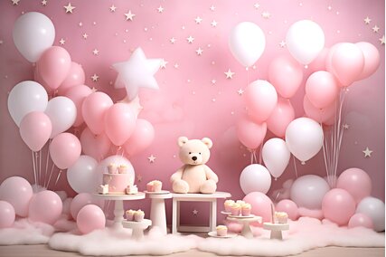 fundal pentru poze cu baloane si ursulet de plus cu tort si norisori roz cu stelute pentru poze cu copii in studio foto