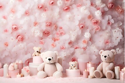 panou foto cu ursuleti roz si trandafiri pastelati pentru sedintele foto cu copii