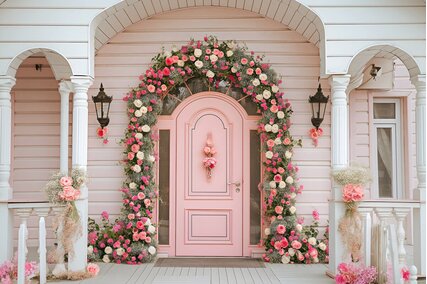 panouri foto pentru sedinte de primavara sau vara cu copii si cu familia cu usa roz si ghirlanda de flori