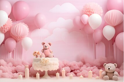 panouri foto cu ursuleti roz si baloane pentru sedinte foto cu copii si norisori pufosi