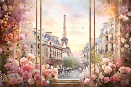 fundal foto cu fereastra inconjurata de flori si cladiri din Paris cu turnul Eiffel