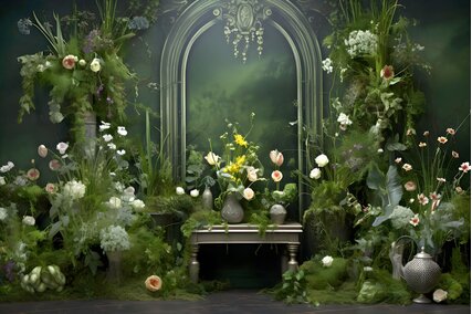 fundal foto cu perete verde si arcada de verdeata si flori albe pentru sedinte foto de primavara