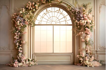 fundal foto de primavara cu arcada de flori in fata unei ferestre decorative luminate