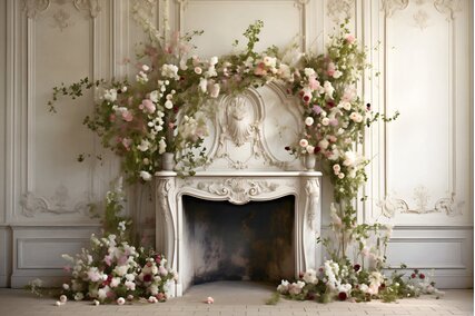 fundal pentru sedinte foto de primavara cu flori si semineu alb si perete decorativ romantic