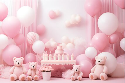 panou foto cu ursuleti roz si baloane pastelate pentru sedintele foto cu copii