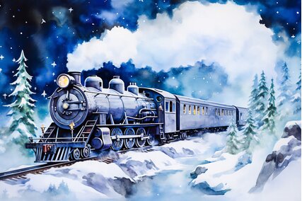 fundal foto cu trenul express polar si fum pentru sedinte foto de Craciun