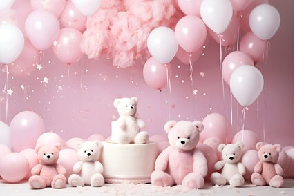 panou foto pentru sedinte aniversare sau pentru sedinte foto cake smash cu ursuleti si baloane roz