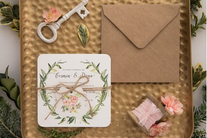 invitatie rustica cu verdeata si flori portocalii