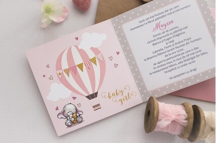 invitatie cu elefant si ursulet si balon in nori