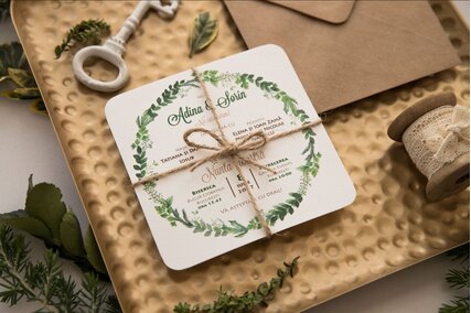 invitatie cu carton texturat si frunze verzi cu plic kraft