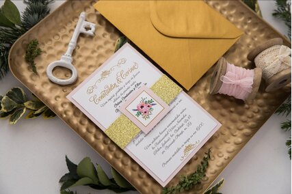 invitatie chic cu flori roz cu banda aurie si plic auriu